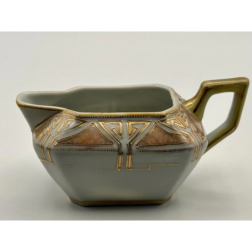 Antique Nippon Hand Painted Porcelain Cream Sugar Set Gold Gilt Art Nouveau